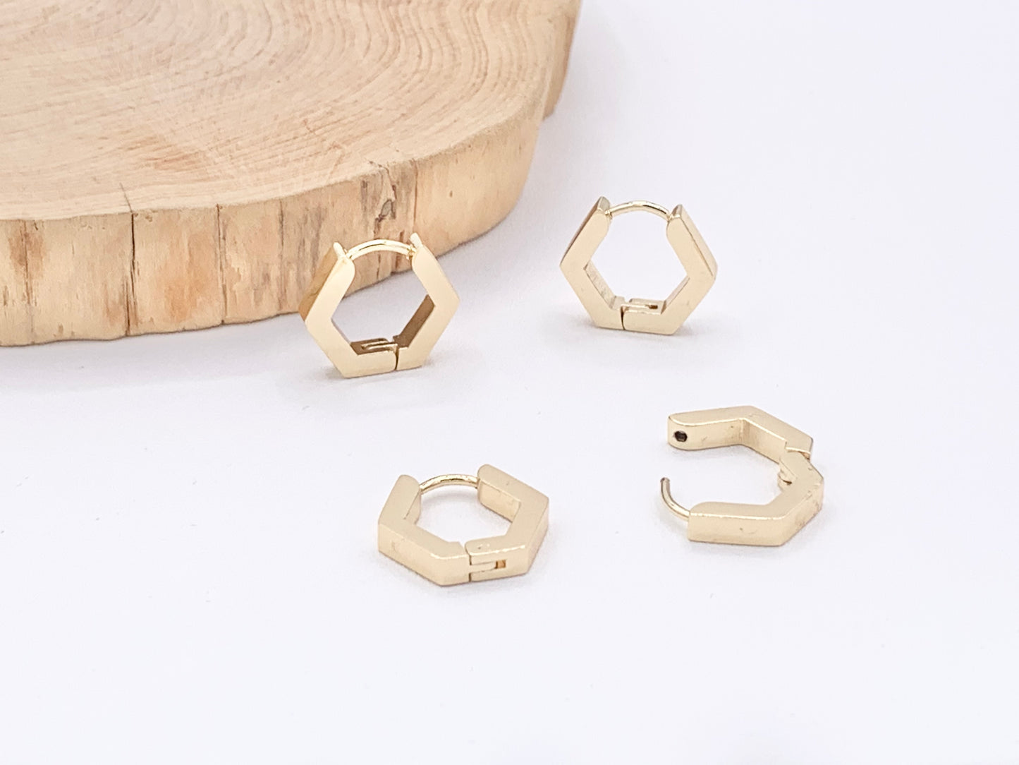 Minimalist Hexagon Shaped Earring Huggies 18K Gold or Silver Plated Over Brass Earrings