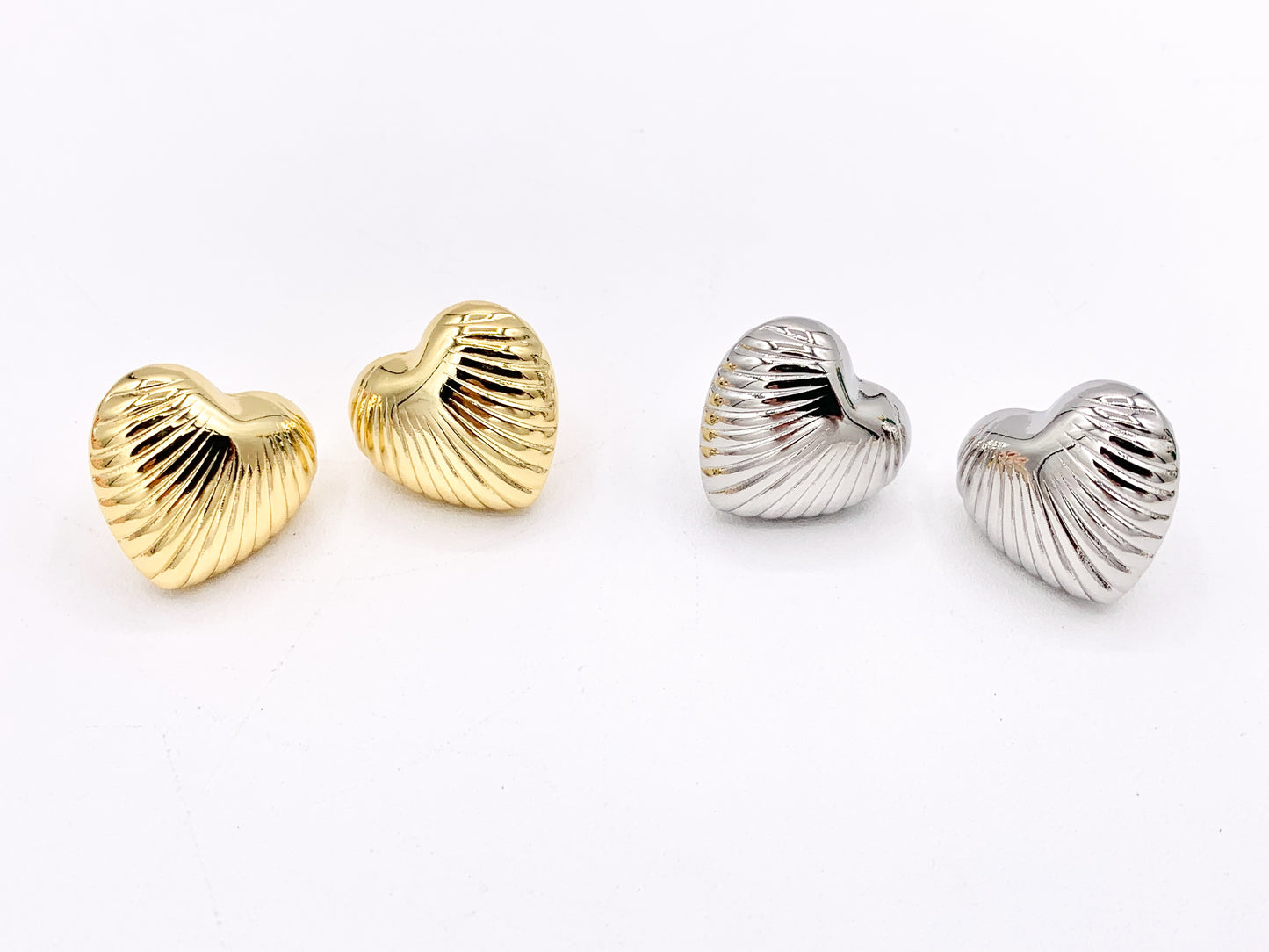 Puffy Hollow Heart Earring Studs in Real 18K Gold and Silver Plated Over Copper 4 pairs