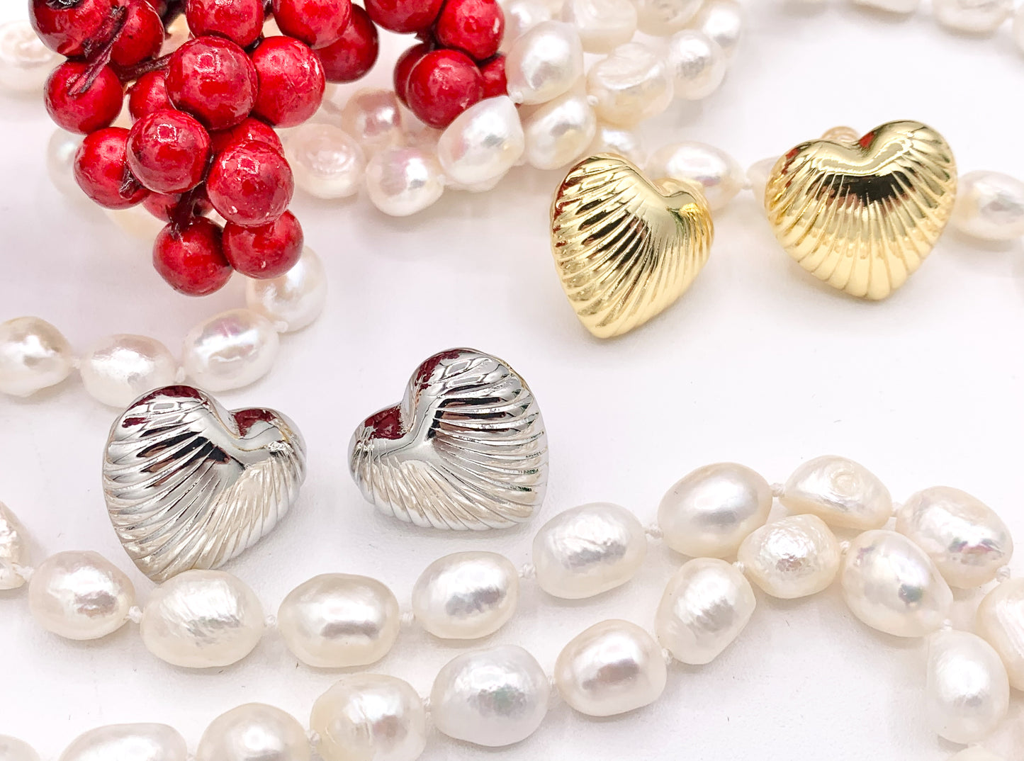 Puffy Hollow Heart Earring Studs in Real 18K Gold and Silver Plated Over Copper 4 pairs