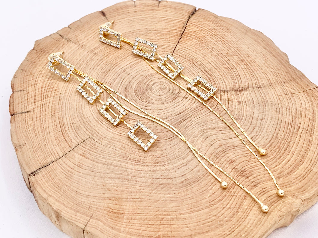 Long Delicate Rectangle CZ Pave Tassel Earrings in 18K Gold or Silver plated over Copper 1 pair