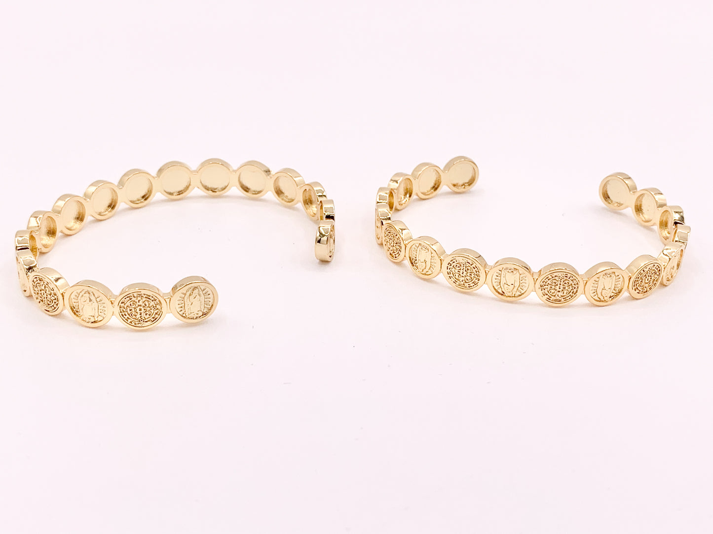 Real Gold 18K Plated Copper Religious Mary St Benedict Coin Adjustable Bracelet Cuff 2 pc