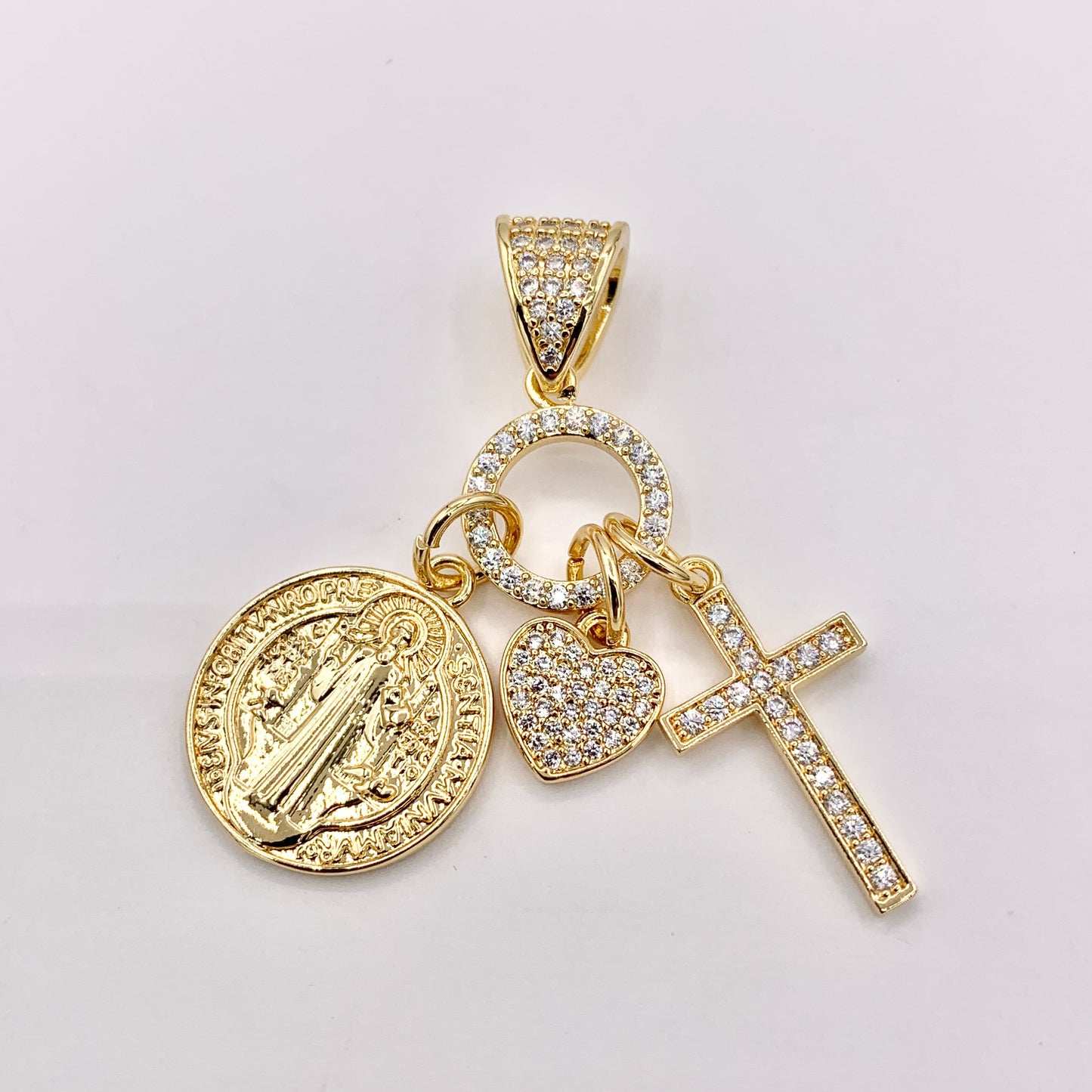 Religious Dangle Charms CZ Pave Heart Cross St Benedict in 18K Gold or Silver plated over Copper