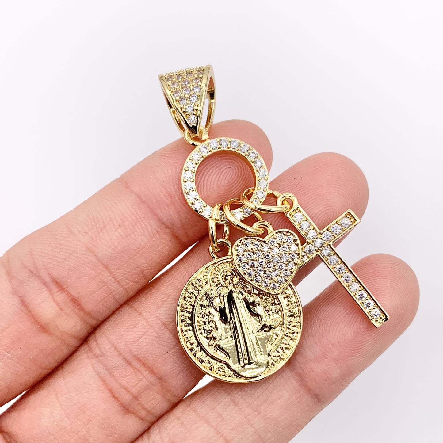 Religious Dangle Charms CZ Pave Heart Cross St Benedict in 18K Gold or Silver plated over Copper