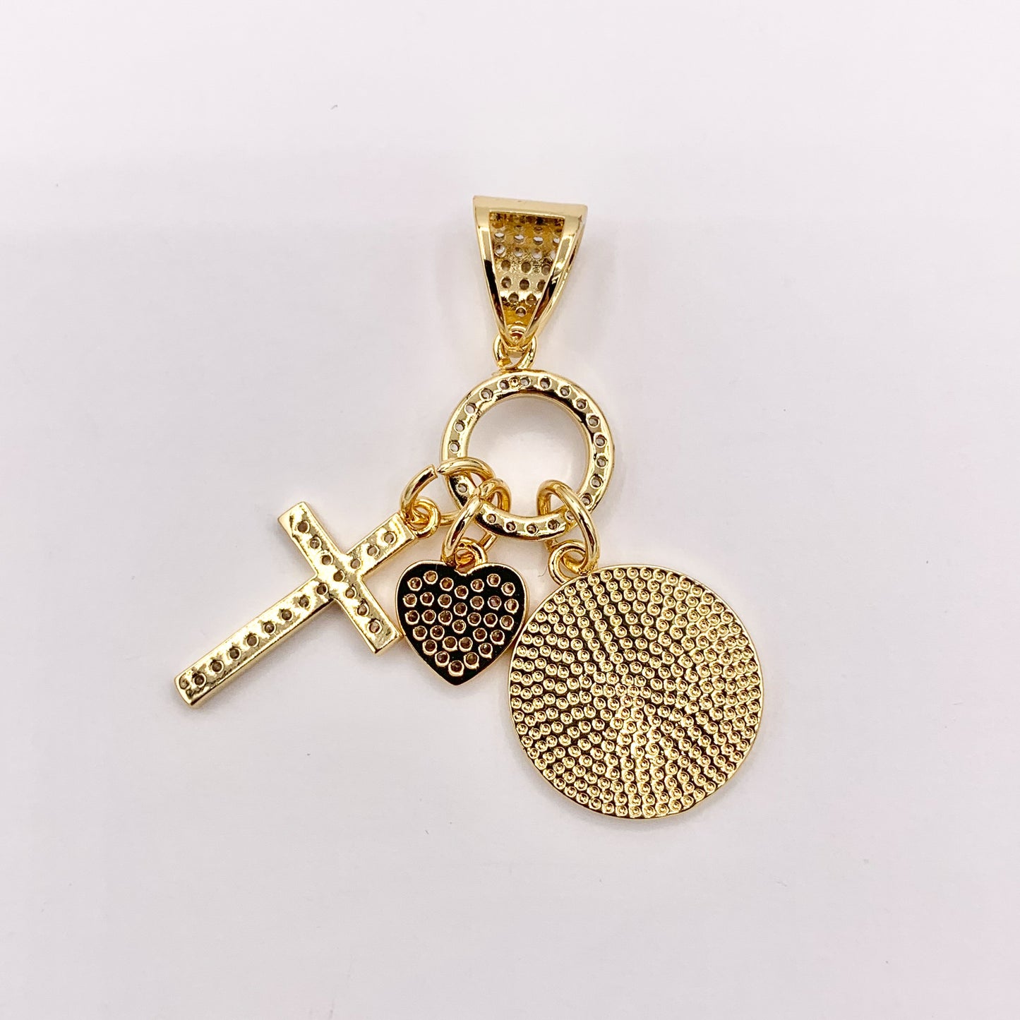 Religious Dangle Charms CZ Pave Heart Cross St Benedict in 18K Gold or Silver plated over Copper