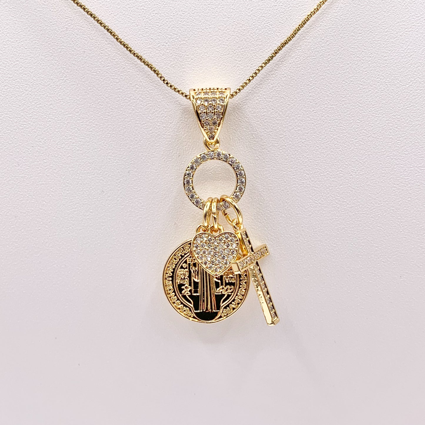 Religious Dangle Charms CZ Pave Heart Cross St Benedict in 18K Gold or Silver plated over Copper