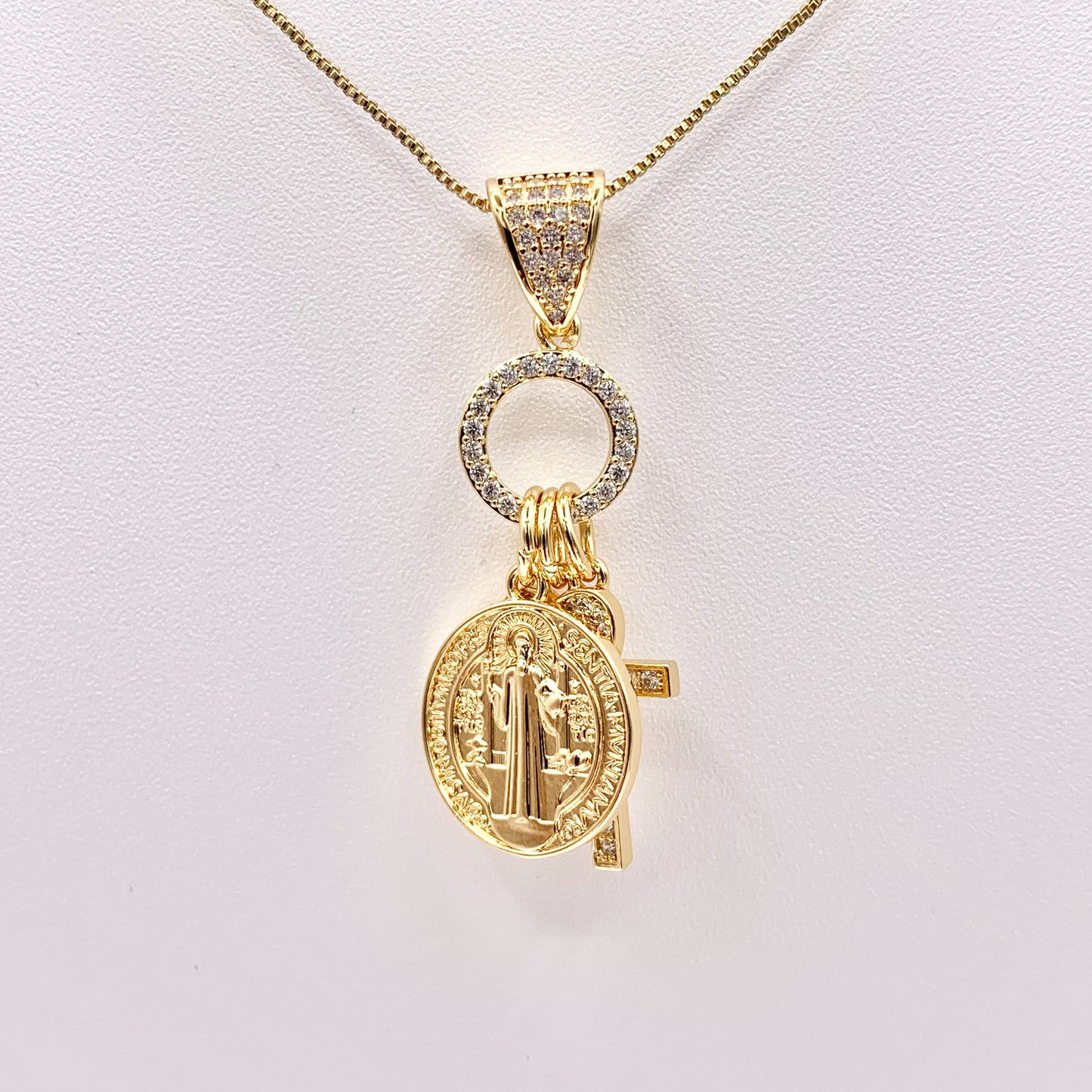 Religious Dangle Charms CZ Pave Heart Cross St Benedict in 18K Gold or Silver plated over Copper