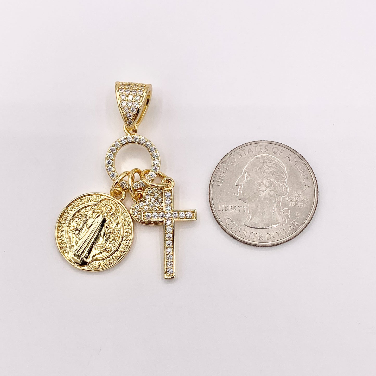 Religious Dangle Charms CZ Pave Heart Cross St Benedict in 18K Gold or Silver plated over Copper
