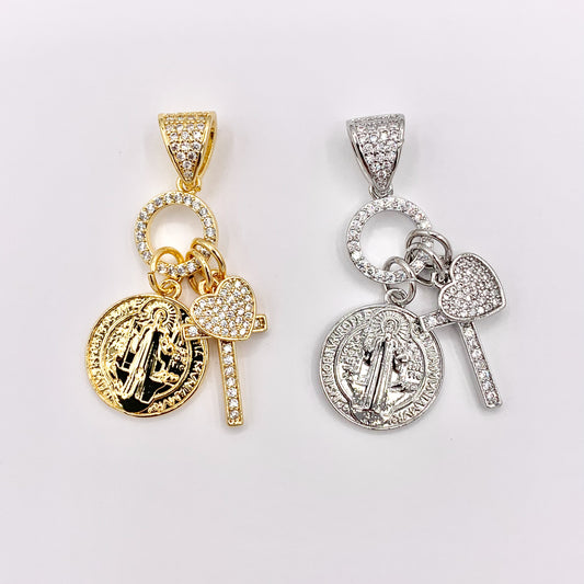 Religious Dangle Charms CZ Pave Heart Cross St Benedict in 18K Gold or Silver plated over Copper