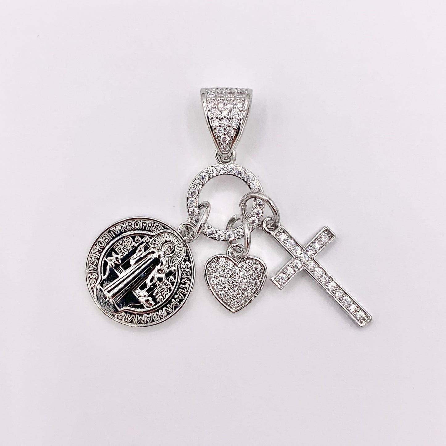 Religious Dangle Charms CZ Pave Heart Cross St Benedict in 18K Gold or Silver plated over Copper