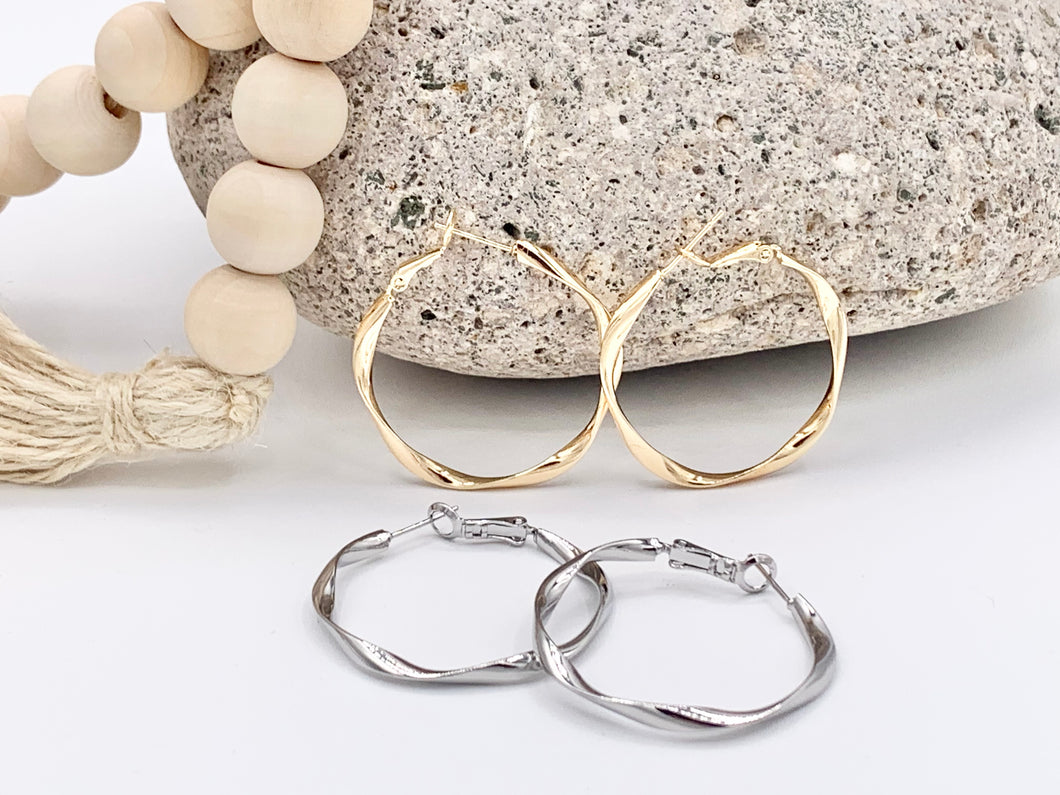 Gold Silver Wavy Ribboned Earring Hoops in 18K Gold or Silver Plated Twisted Ribbon Wavy Hoop Earring Over Copper 3 pairs