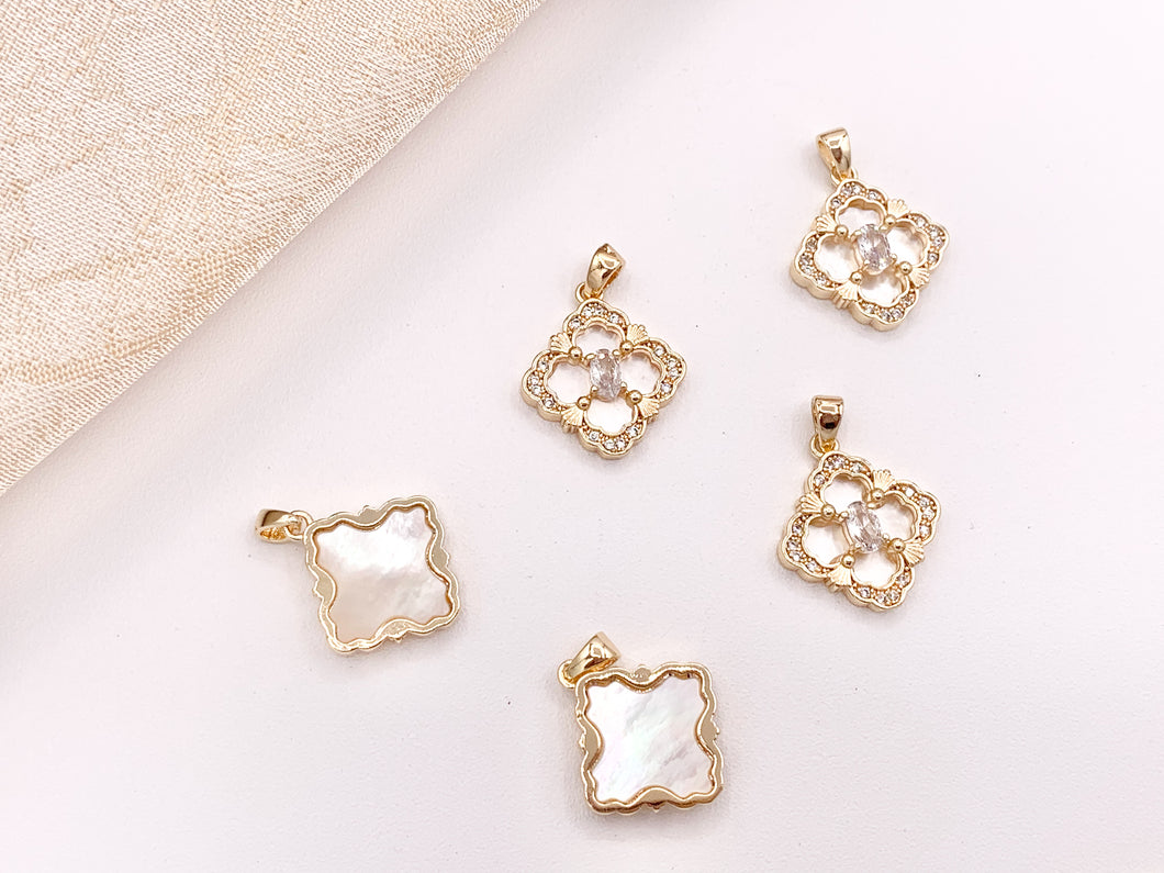 Stunning CZ Diamond Pearl White Lip Shell Clover Quatrefoil Pendants in 18K Gold plated Copper 6 pcs