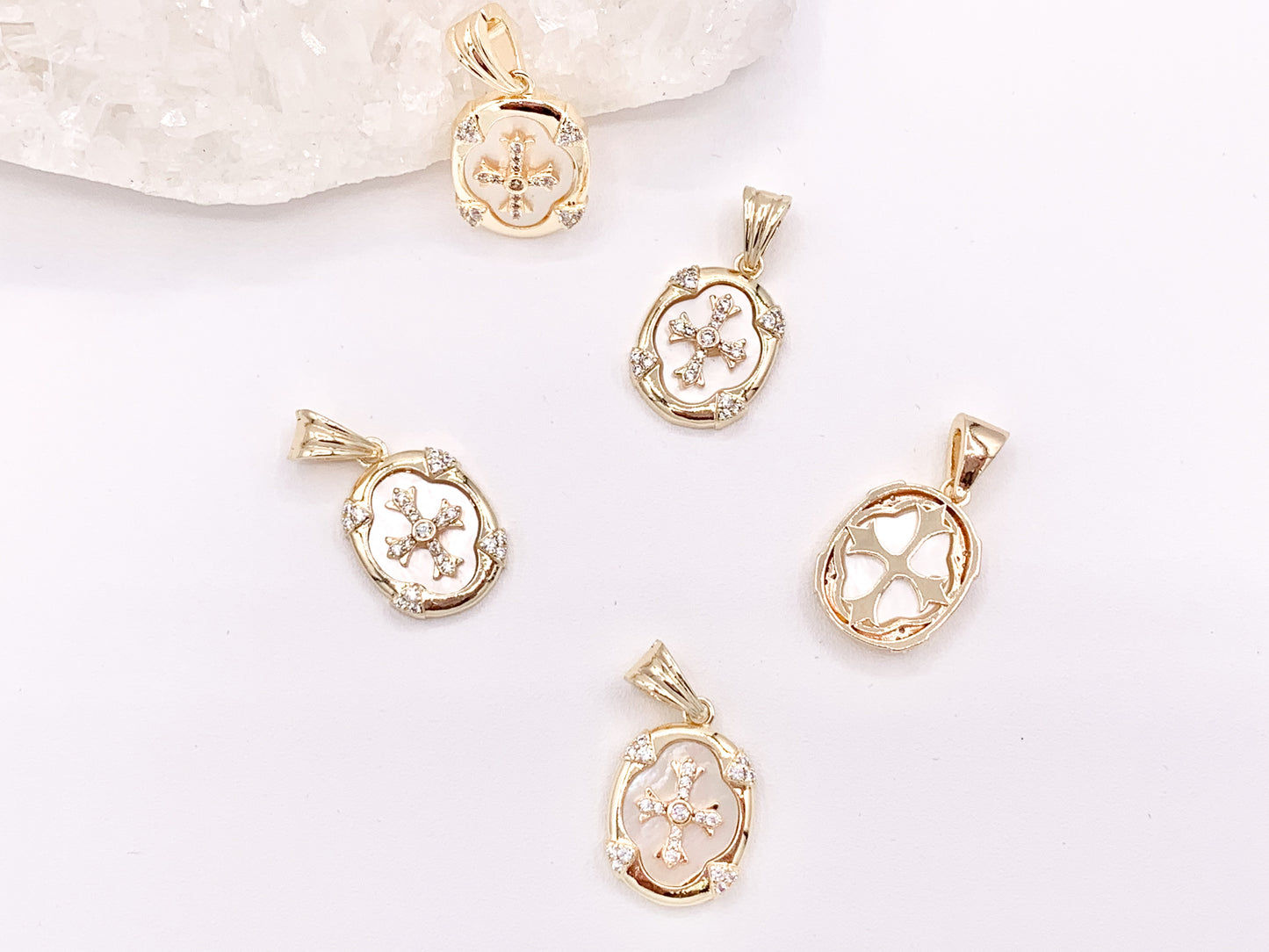 Religious Cross Oval Pendants with White Lip Shell Base CZ Pave Rhinestones in 18K Gold/Silver plated over Copper 5 pcs