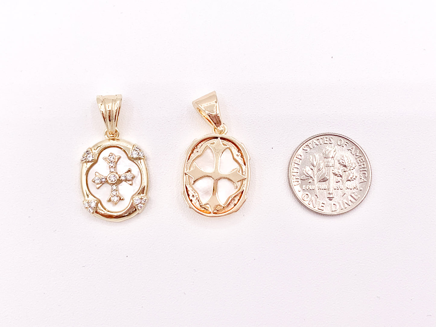 Religious Cross Oval Pendants with White Lip Shell Base CZ Pave Rhinestones in 18K Gold/Silver plated over Copper 5 pcs