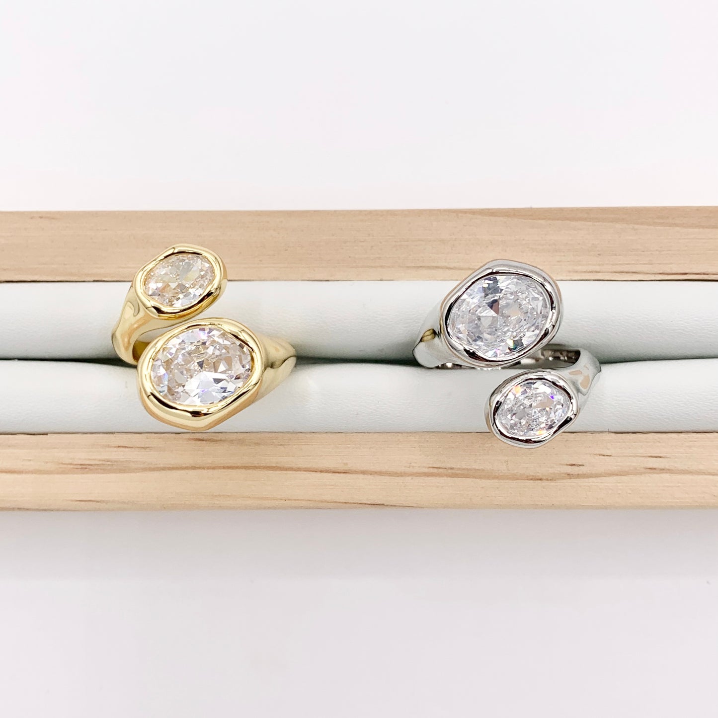 Beautiful Eye Catching Soldered Cubic Zirconia Bypass Adjustable Rings in 18K Gold and Silver Plated Copper 4 pcs