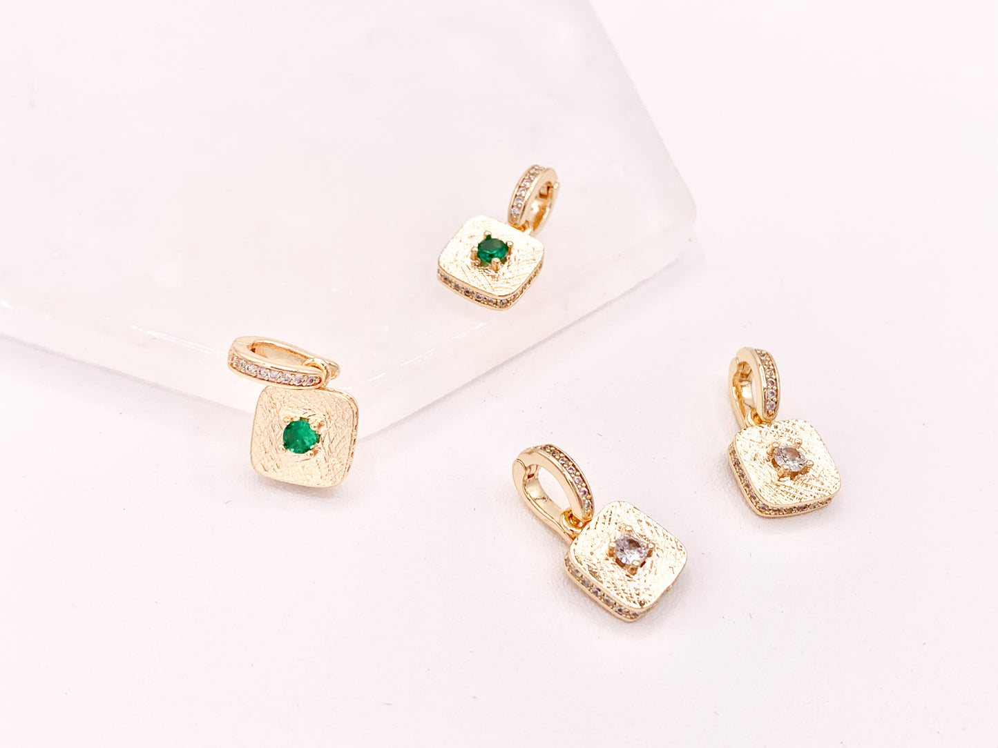 Dainty Emerald Diamond Rhinestone CZ Square Pendants with a Open Bail in 18K Gold plated Copper 6 pcs