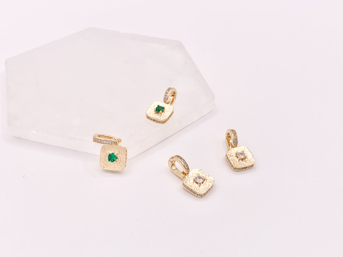 Dainty Emerald Diamond Rhinestone CZ Square Pendants with a Open Bail in 18K Gold plated Copper 6 pcs