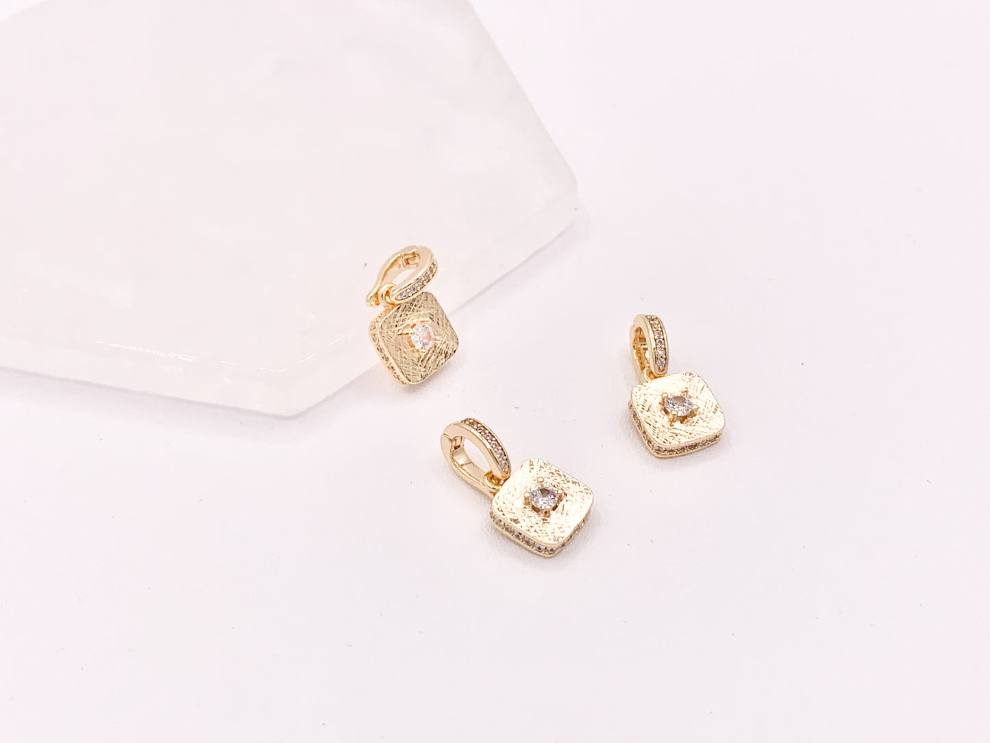 Dainty Emerald Diamond Rhinestone CZ Square Pendants with a Open Bail in 18K Gold plated Copper 6 pcs
