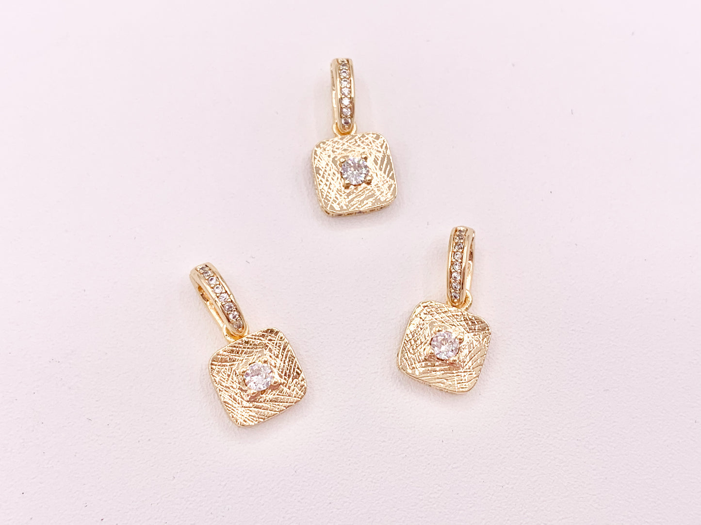 Dainty Emerald Diamond Rhinestone CZ Square Pendants with a Open Bail in 18K Gold plated Copper 6 pcs