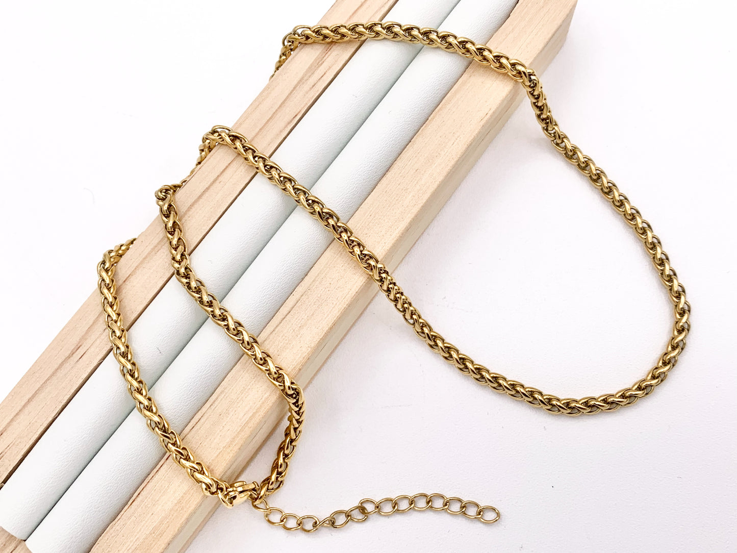 Roped Chain 3mm Necklace Gold Plated Stainless Steel Dainty Flexible Minimalist Finished Necklace 17" with Extension Link 5 pcs
