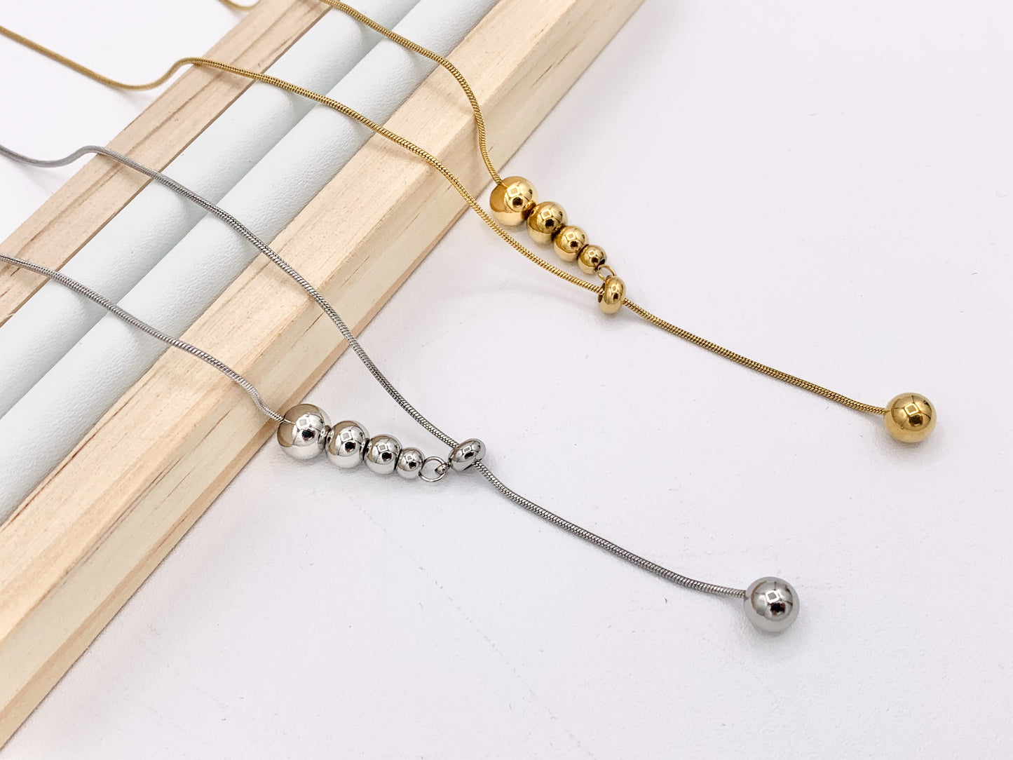 Delicate Slide Graduated Beaded Snake Chain Necklace Gold/Silver Plated Stainless Steel Minimalist Finished Necklace 16" with Extension Link 1 PC