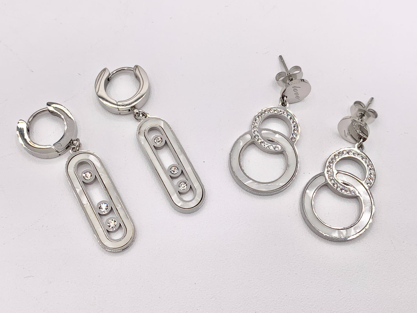 Stainless Steel Shell Acetate Double Circle Loop Oval Paperclip Earring Dangle Huggies in Silver plated Stainless Steel 3 pairs