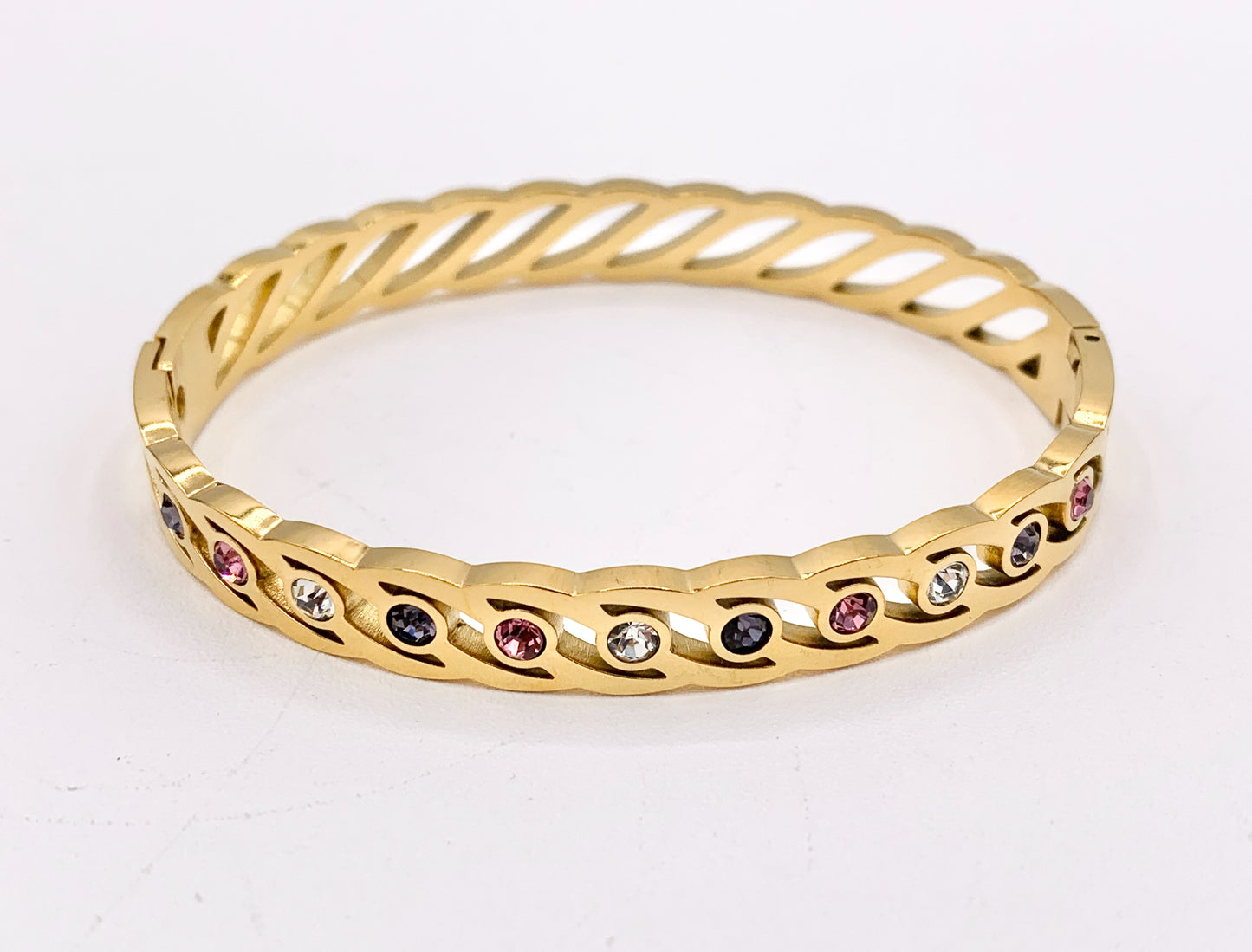 7 " Stainless Steel Bracelets CZ Multi Shell Acetate White Twist Coin Rhinestone Close Bangles in 18K Gold plated Stainless Steel 2pcs