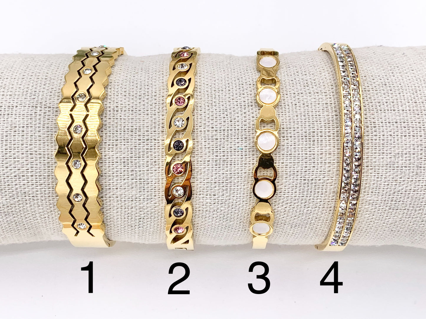 7 " Stainless Steel Bracelets CZ Multi Shell Acetate White Twist Coin Rhinestone Close Bangles in 18K Gold plated Stainless Steel 2pcs