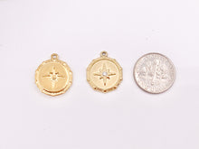 Load image into Gallery viewer, Charming Starburst Coin Circle Charms with CZ Pave in 18K Gold plated Copper 10pcs
