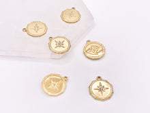 Load image into Gallery viewer, Charming Starburst Coin Circle Charms with CZ Pave in 18K Gold plated Copper 10pcs
