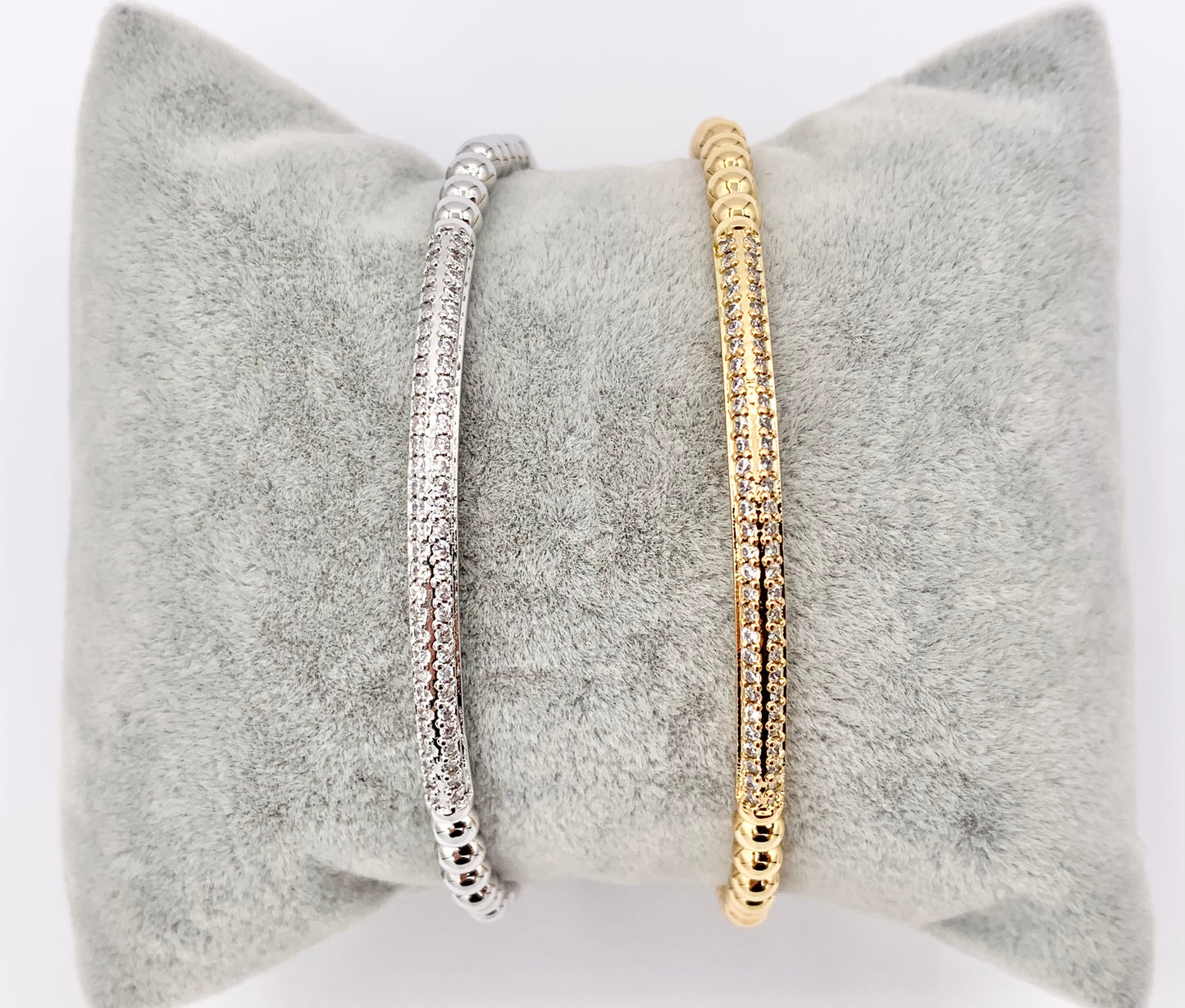 Brazalete de barra de diamantes de imitación con cuentas flexibles y elásticos delicados en cobre chapado en oro real/platino de 18 quilates, 2 piezas