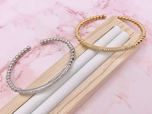 Brazalete de barra de diamantes de imitación con cuentas flexibles y elásticos delicados en cobre chapado en oro real/platino de 18 quilates, 2 piezas