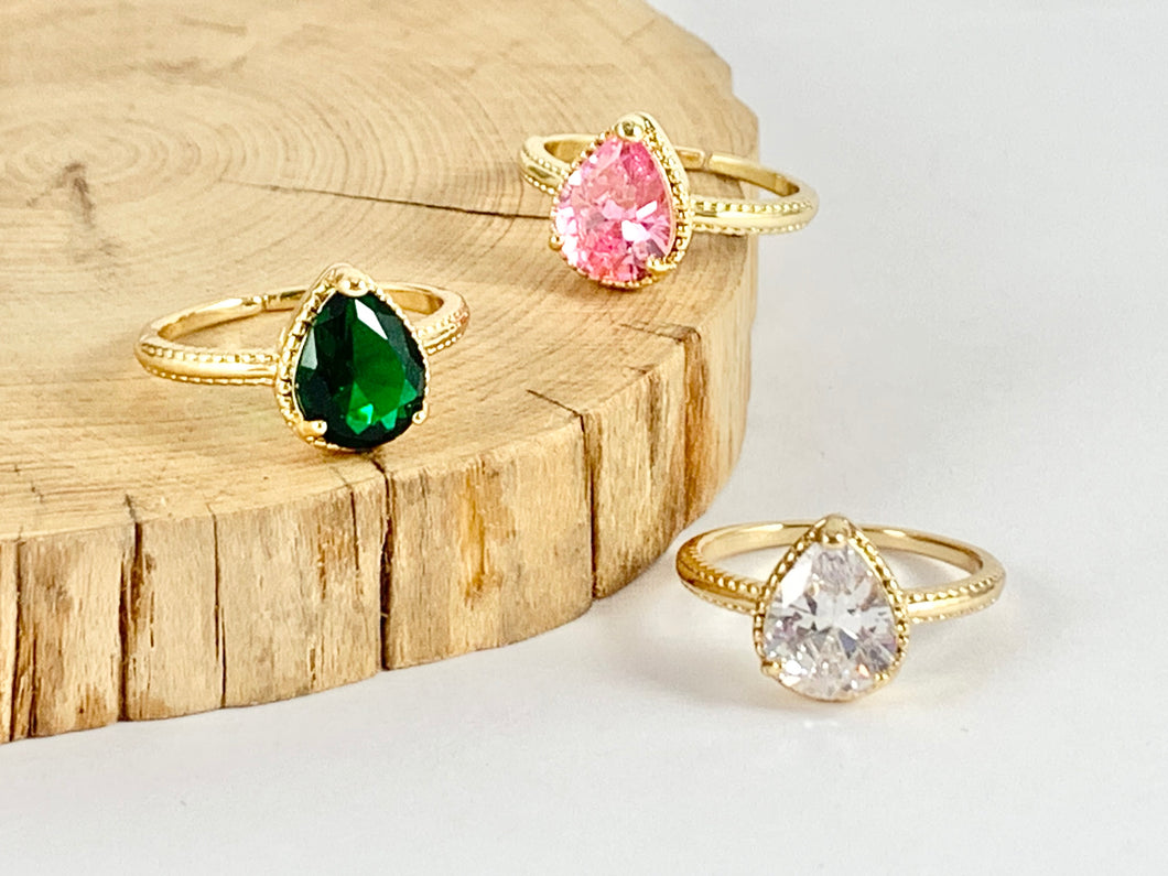 18K Gold Plated Copper Adjustable CZ Pave Green Pink Teardrop Shape Dainty Ring 5pcs