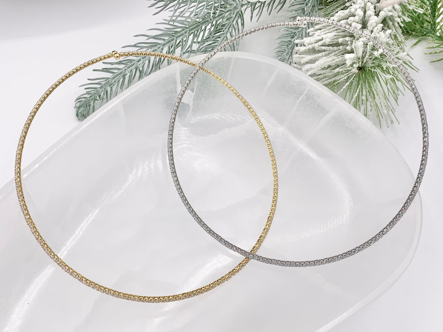 Tennis Choker Delicate Flexible 18K Gold/Platinum Plated Dainty Minimalist Fancy Tennis Choker 2 pcs