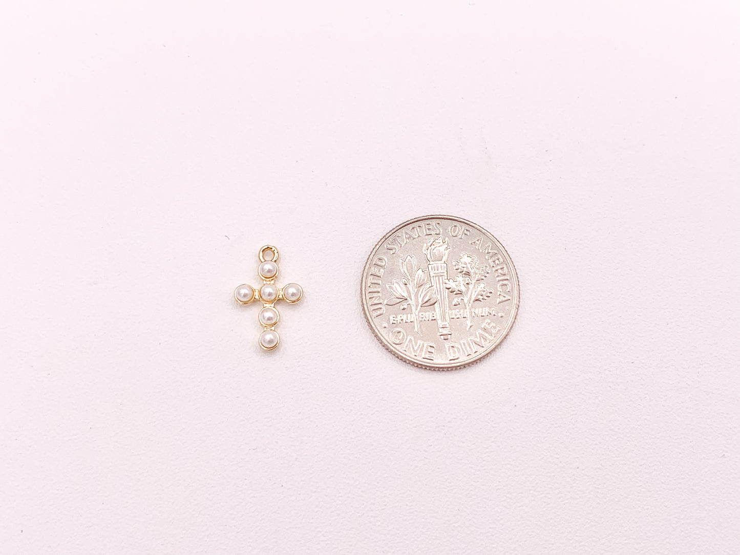 Tiny Dainty Pearl Cross Charms in Real Gold 18K Plated Over Brass 8x12mm 10 pcs