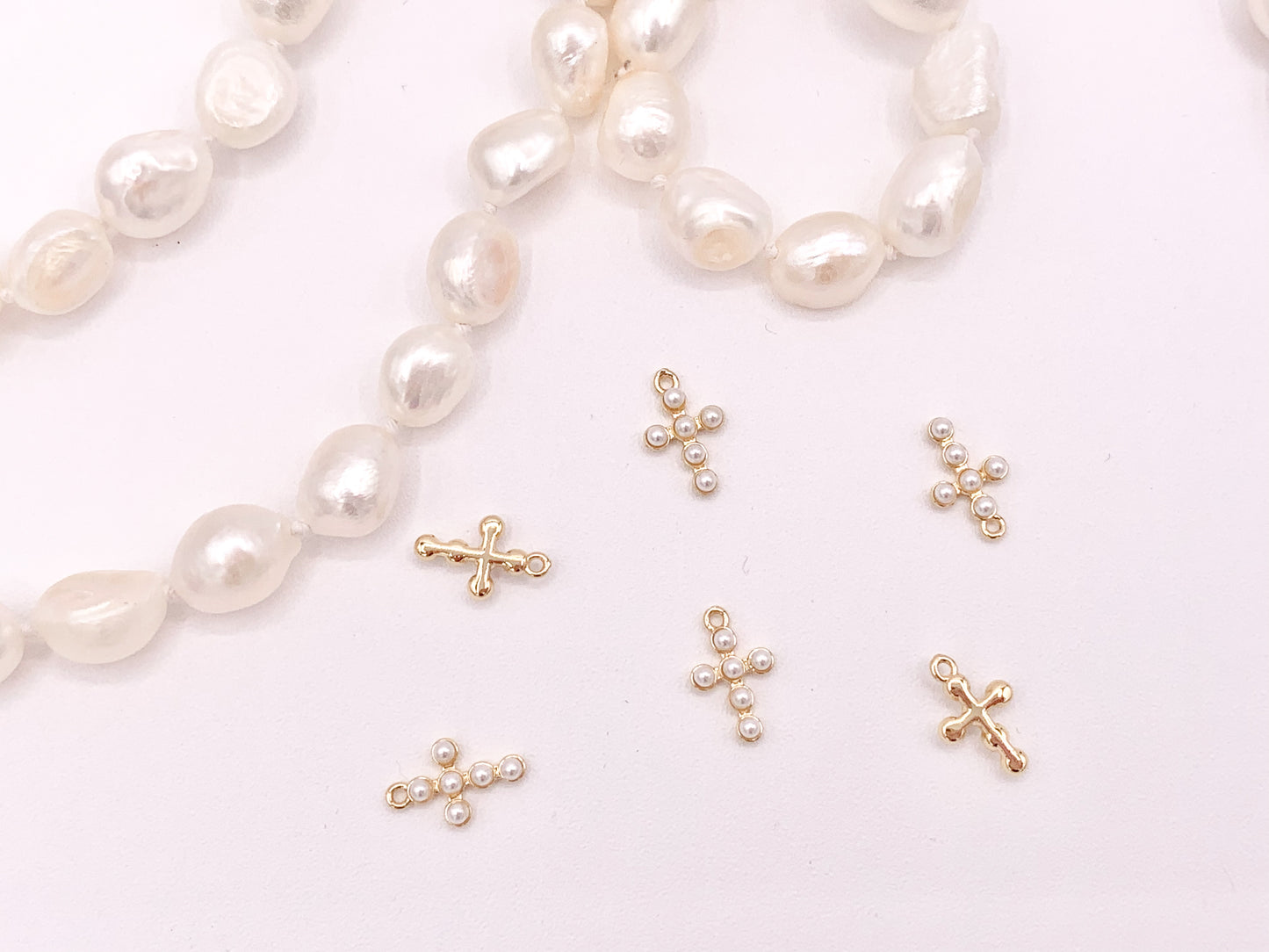 Tiny Dainty Pearl Cross Charms in Real Gold 18K Plated Over Brass 8x12mm 10 pcs