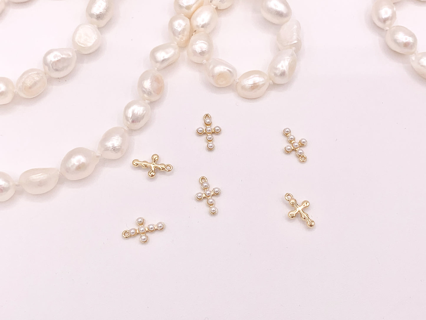 Tiny Dainty Pearl Cross Charms in Real Gold 18K Plated Over Brass 8x12mm 10 pcs