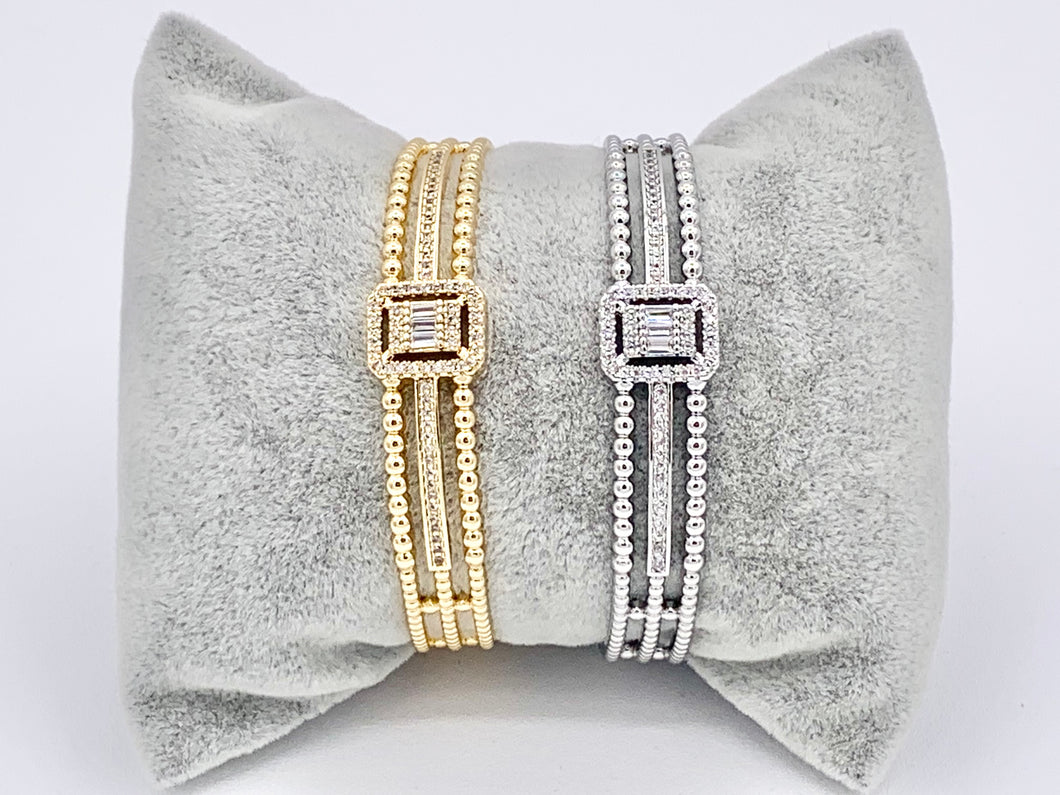 Pulsera de estilo vintage rectangular con pavé de circonita cúbica de triple capa llamativa en cobre chapado en oro o plata de 18 quilates, 1 pieza