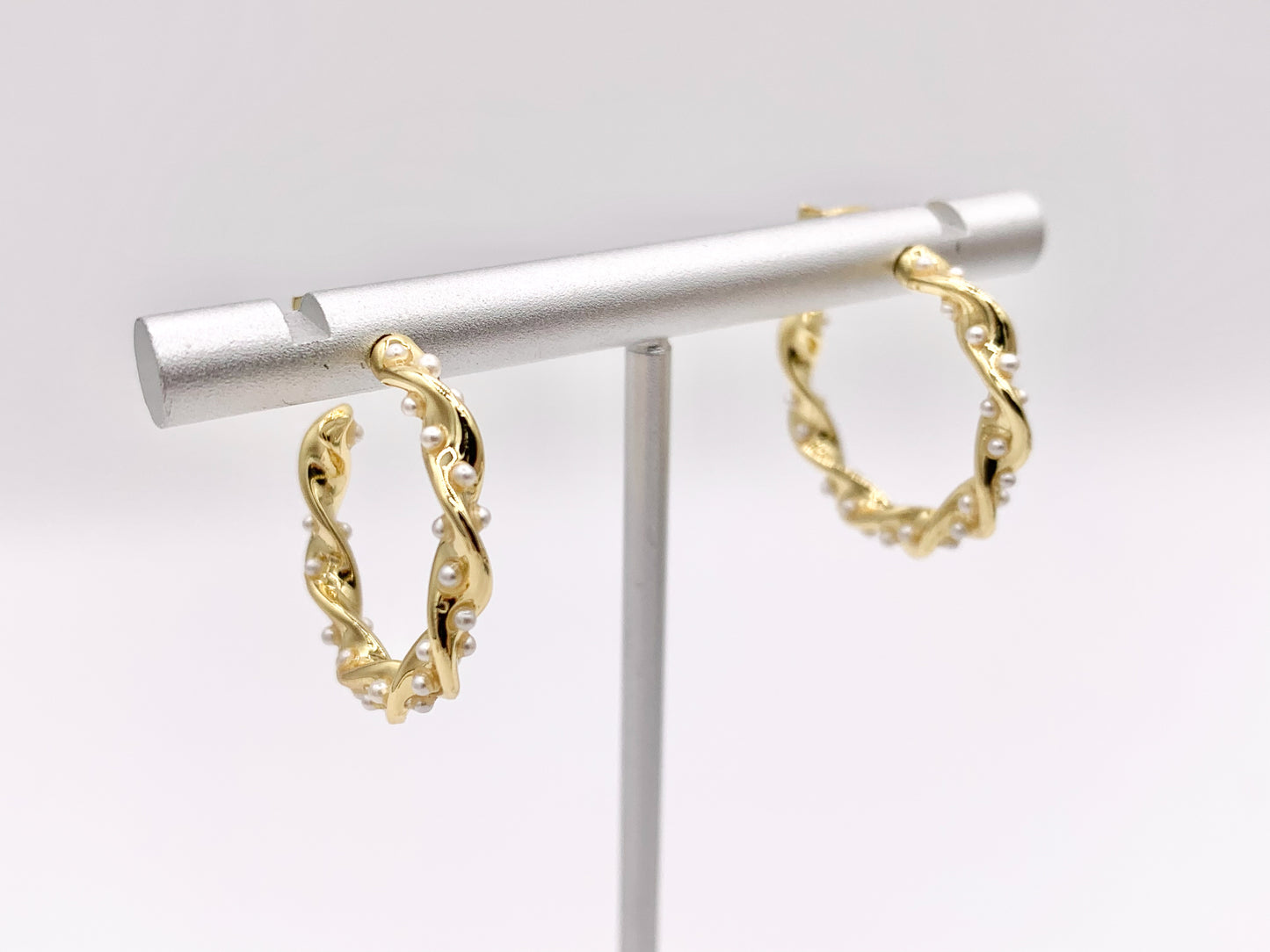 Dainty Pearl Twisted Hoops in 18K Gold or Silver Plated Copper 3 pairs