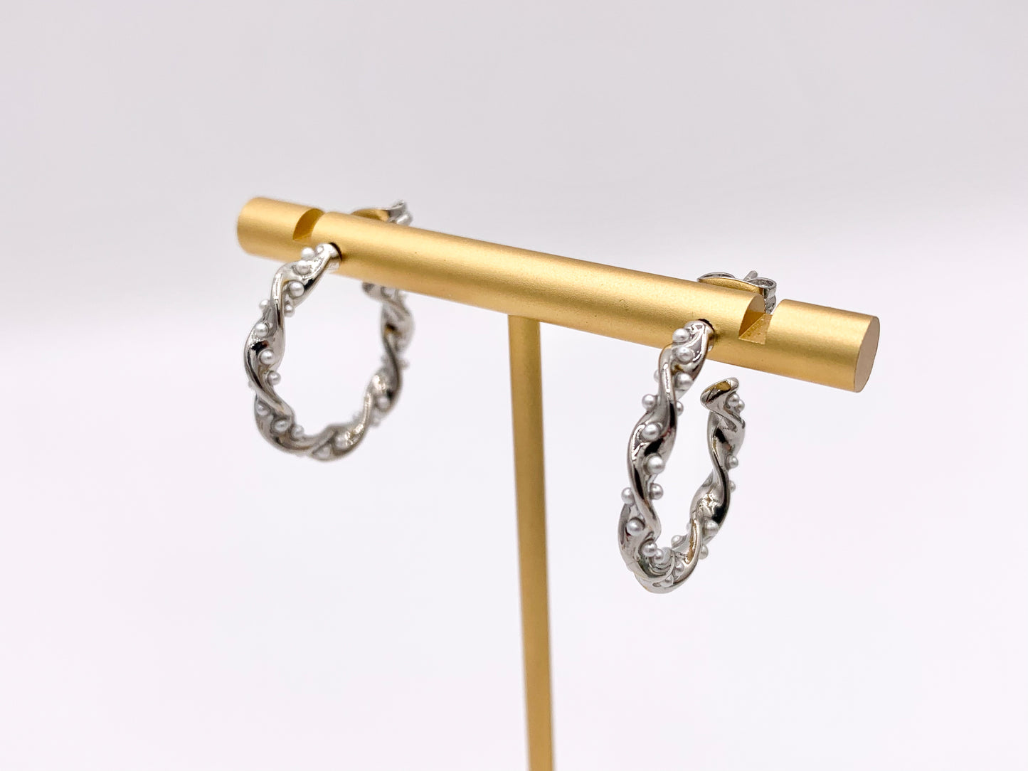 Dainty Pearl Twisted Hoops in 18K Gold or Silver Plated Copper 3 pairs