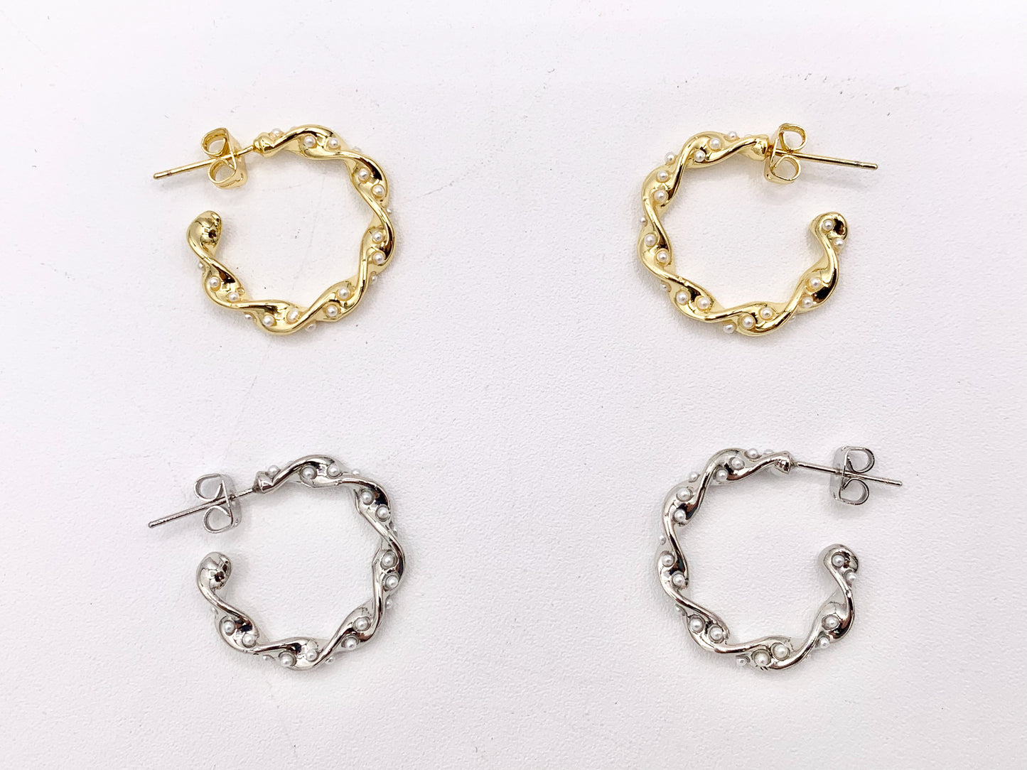 Dainty Pearl Twisted Hoops in 18K Gold or Silver Plated Copper 3 pairs