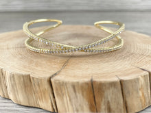 Load image into Gallery viewer, Real Gold 18K Plated Copper CZ Pave Criss Cross Shiny Adjustable Bracelet Cuff
