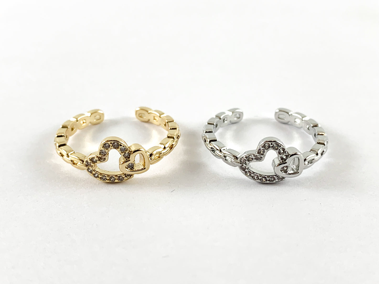 Real 18K Gold and Platinum Plated CZ Pave Adjustable Hearts Ring 4pcs