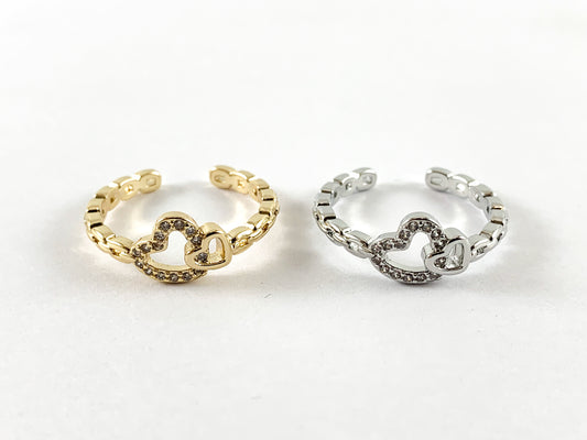 Real 18K Gold and Platinum Plated CZ Pave Adjustable Hearts Ring 4pcs