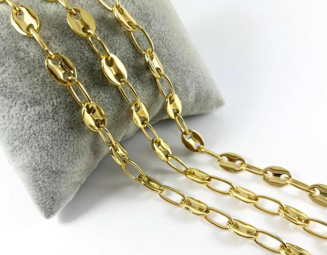 18K Gold Plated Brass Puffy Mariner Button Chain Coffee Bean Chain Anchor Link Chain for Necklace and Bracelet Making