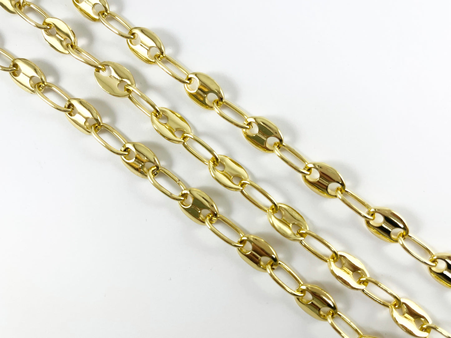 Cadena de botones de marinero hinchada de latón chapado en oro de 18 quilates, cadena de granos de café, cadena de eslabones de ancla para fabricación de collares y pulseras