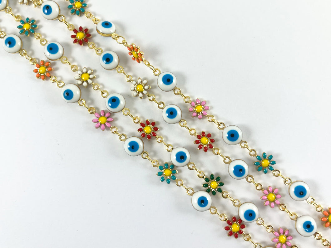 18K Gold Plated Enamel Plated Copper Multicolor Daisy Flower with Evil Eye Chain