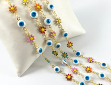 Load image into Gallery viewer, 18K Gold Plated Enamel Plated Copper Multicolor Daisy Flower with Evil Eye Chain
