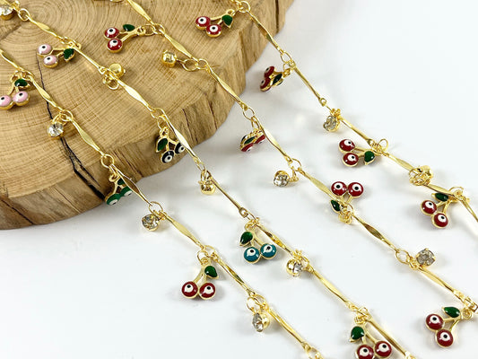 Cadena colgante chapada en oro de 18 quilates con esmalte de cereza y mal de ojo CZ para hacer pulseras, tobilleras y collares
