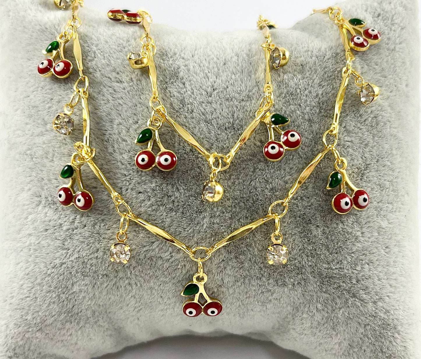 Cadena colgante chapada en oro de 18 quilates con esmalte de cereza y mal de ojo CZ para hacer pulseras, tobilleras y collares