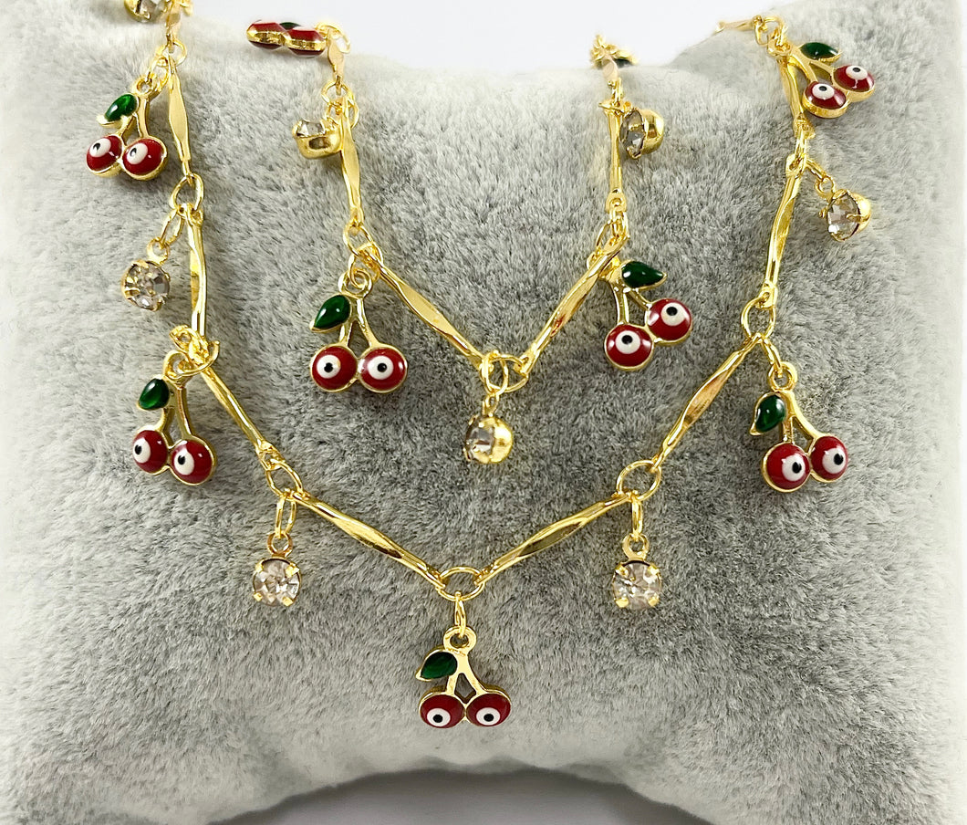 18K Gold Plated Enamel Plated Copper Cherry Evil Eye CZ Pave Dangle Chain For Bracelets, Anklets and Necklaces Making